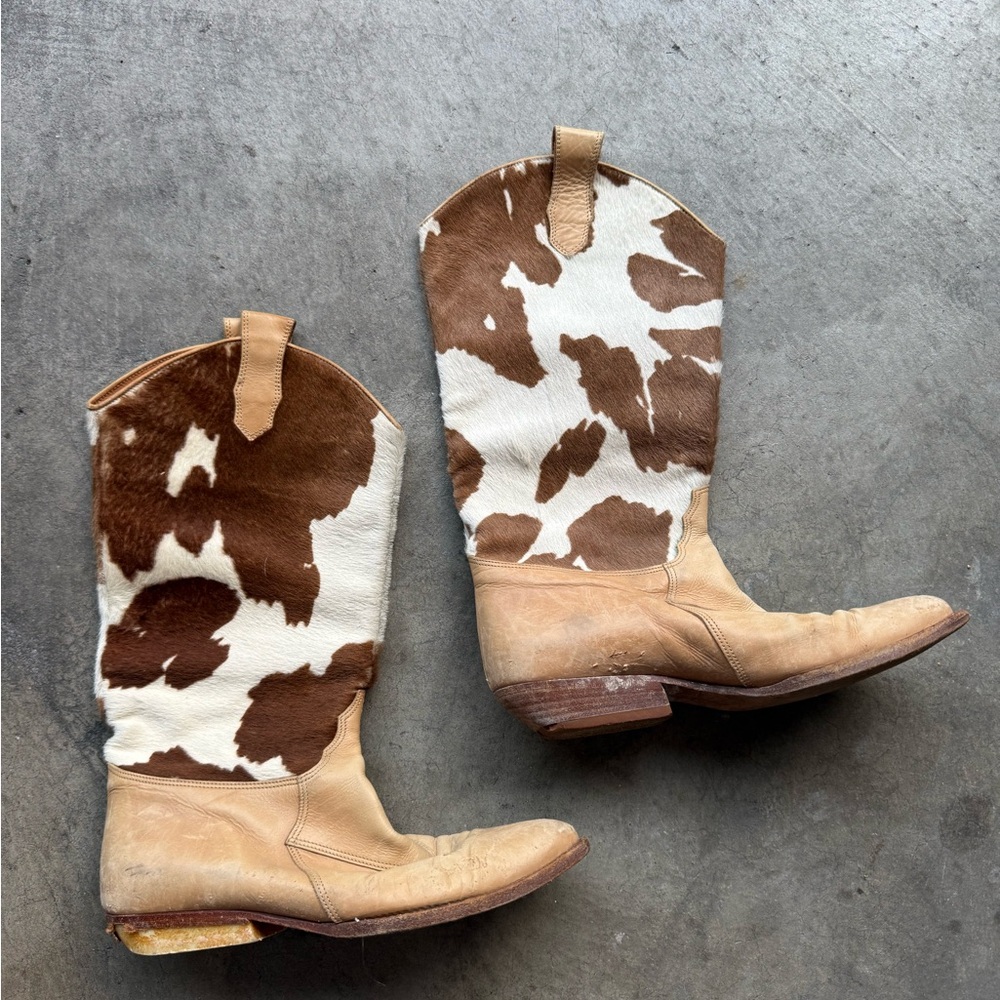 Joan & David Brown and White Cowhide Western Boots
